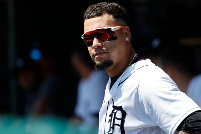 Detroit Tigers shortstop Javier Baez (28) watches from the dugout in the second inning against the Baltimore Orioles at Comerica Park.